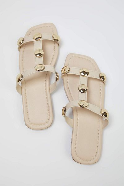 TRENDYOL SHOES Beige Gold Accessory Detailed Square Toe Stylish Women's Slippers Takss25Te00012