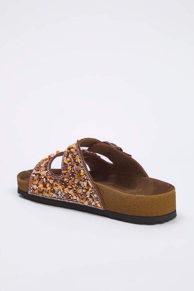 TRENDYOL SHOES Γυναικείες παντόφλες με διπλό λουράκι με καφέ χάντρες TAKSS25TE00039