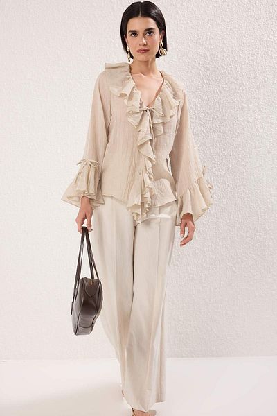 Trendyol Collection Beige Ruffled Bohemian Thin Cotton Fabric Long Sleeve Woven Blouse Twoss25Bz00551
