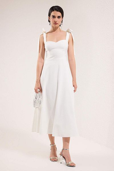 Trendyol Collection White A-Line Strap Binding Detail Woven Midi Stylish Evening Dress Night Graduation Dress Tprss24El00251