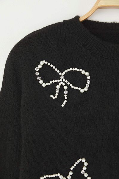 Trendyol Collection Black Pearl Bow Pattern Knitwear Sweater Twoaw26Kz00033