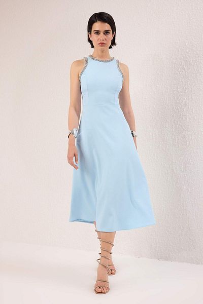 Trendyol Collection Blue A-Line Woven Evening Dress with Stone Accessories Night Homecoming Dress Tprss24El00178