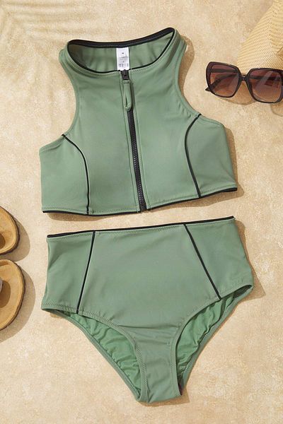 Trendyol Collection Σετ μπικίνι με φερμουάρ Χακί Halter TBESS25BT00090