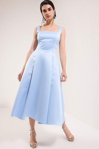 Trendyol Collection Light Blue A-Line Satin Woven Stylish Evening Dress Night Homecoming Dress Tpraw25El00040