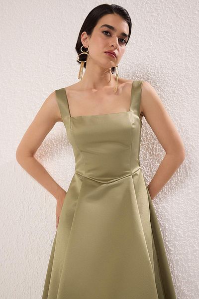 Trendyol Collection Oil Green A-Line Satin Woven Stylish Evening Dress Night Homecoming Dress Tpraw25El00040