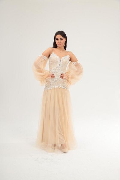 Robes Women's Detachable Sleeves Detailed Straps Lace and Tulle Fabric Long Stylish Evening Dress