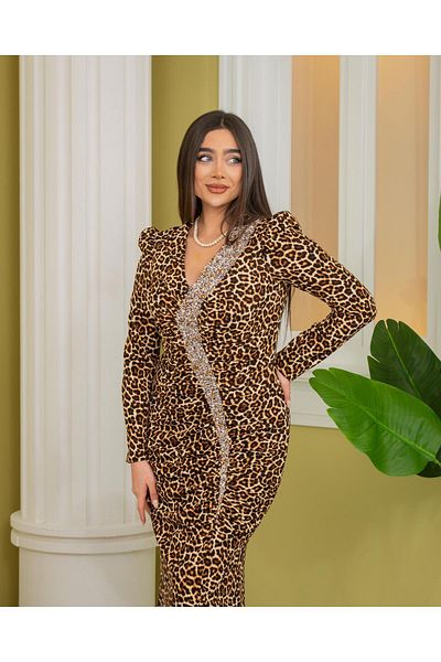 Robes Women's V Neck Long Sleeve Dense Stone Embroidered Stretchy Fabric Evening Dress