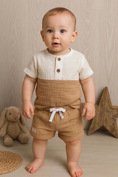 Babydonat طقم بيبي بوي مكون من قطعتين مع شورت موسلين 100% قطن
