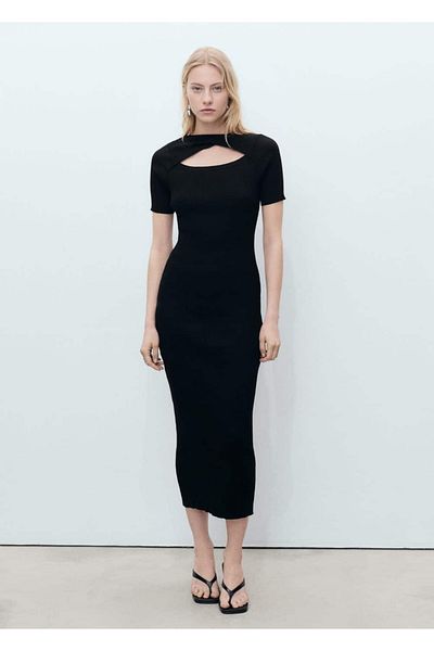 MANGO Woman Rib Open Neck Midi Dress