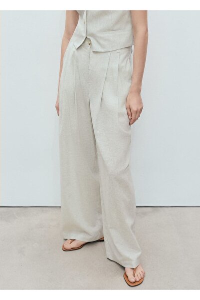 MANGO Woman Düz kesim keten karışımı pantolon