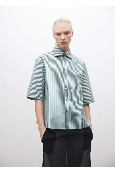 MANGO Woman Kısa kollu çizgili pamuklu gömlek