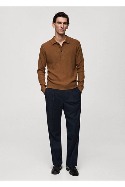 MANGO Man Sweter polo z mieszanki bawełny i skośnego splotu