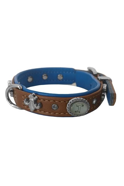 Angoravi Leather Stone and Figured Dog Collar 25-30 cm Brown Blue