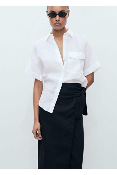 MANGO Woman Cepli keten gömlek