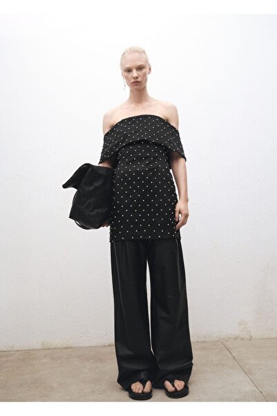 MANGO Woman Parlak aplikeli straplez elbise