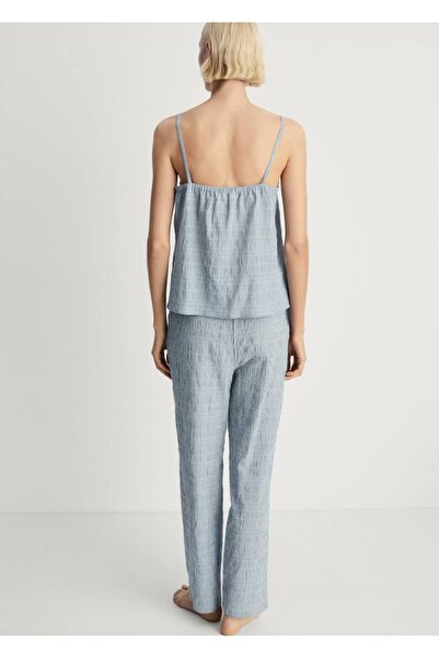 MANGO Woman Pamuklu çizgili dokuma gofre kumaş pantolon