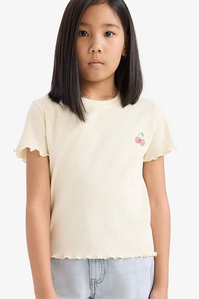 DeFacto Girl's Slim Fit Skinny Cut Crew Neck Printed Ribbed Camisole Short Sleeve T-Shirt D9538A825Sm