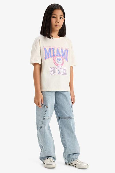 DeFacto Girl's Oversize Wide Fit Crew Neck Printed Short Sleeve T-Shirt E0386A825Sm