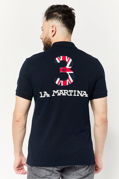 La Martina قميص بولو رجالي بقصّة عادية وأكمام قصيرة وشعار مطرز، أزرق داكن