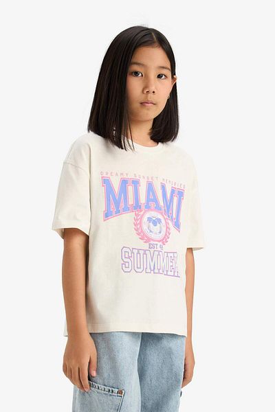 DeFacto Girl's Oversize Wide Fit Crew Neck Printed Short Sleeve T-Shirt E0386A825Sm