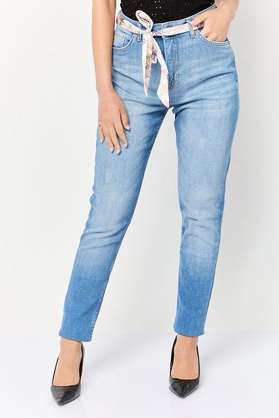 Scotch & Soda Women Skinny Fit Washed Stretchable Tie Belted Jeans, Blue