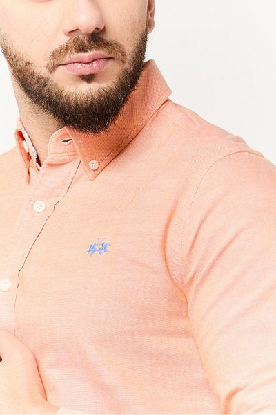 La Martina Men Tailored Fit Embroidered Logo Long Sleeve Casual Shirt, Light Orange