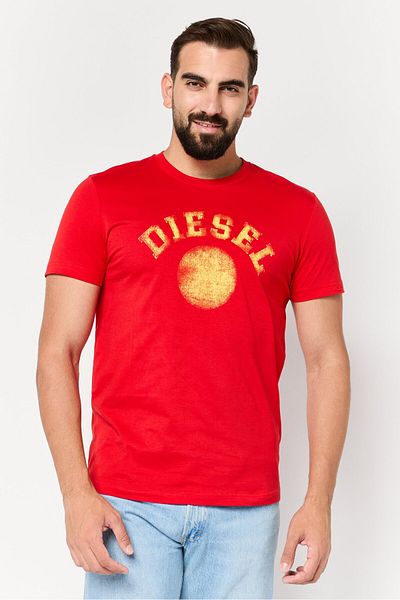 Diesel Men Crew Neck Short Sleeve Graphic T Shirt, Red