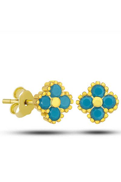 norsary Silver Gold Clover Studded Turquoise Stone Children's Earrings