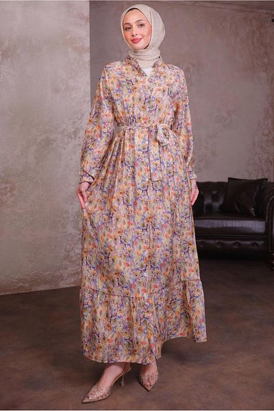 TRENDTESETTÜR Women's Orange Bellted Patterned Dress t 6884