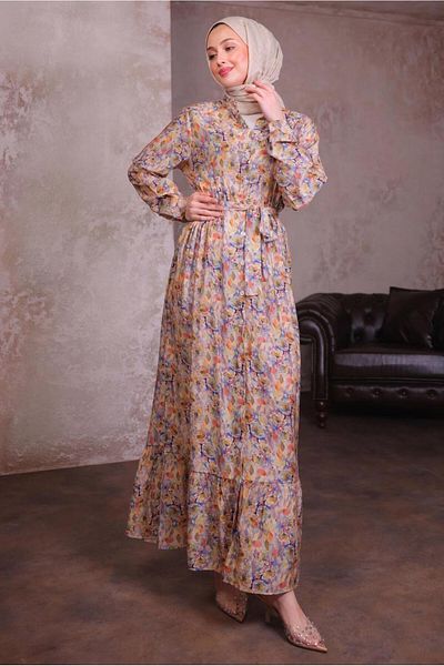 TRENDTESETTÜR Women's Orange Bellted Patterned Dress t 6884