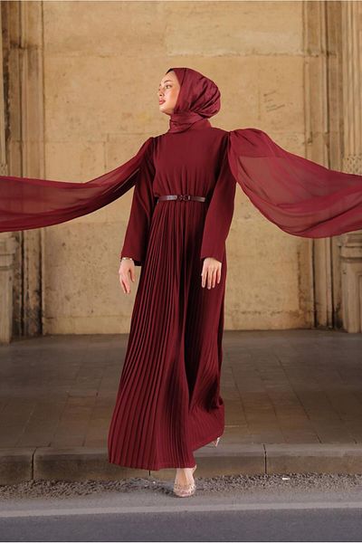 TRENDTESETTÜR Women's Burgundy Belted Pleated Dress t 5784
