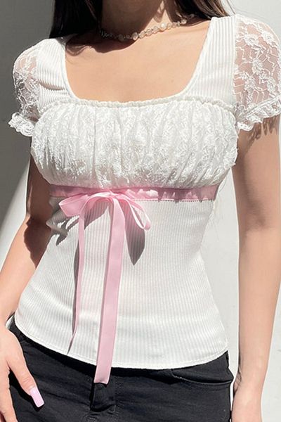 Köstebek White Lace Gathered Pink Ribbon Square Neck Short Sleeve Crop Blouse