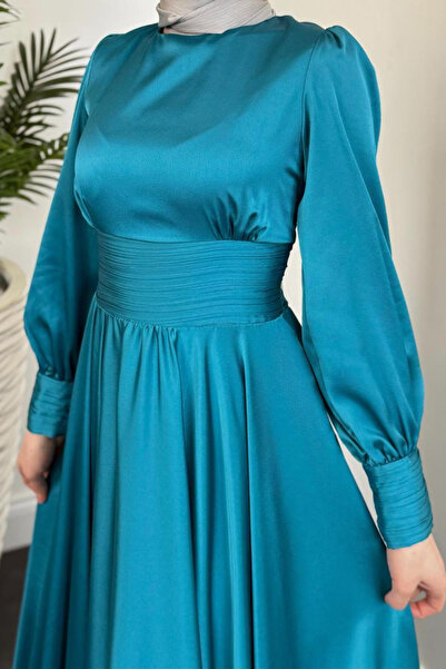 Şulemoda Giyim Μαξι Τεσεττουρικό βραδινό φόρεμα με πιέτες στη μέση τουρκουάζ