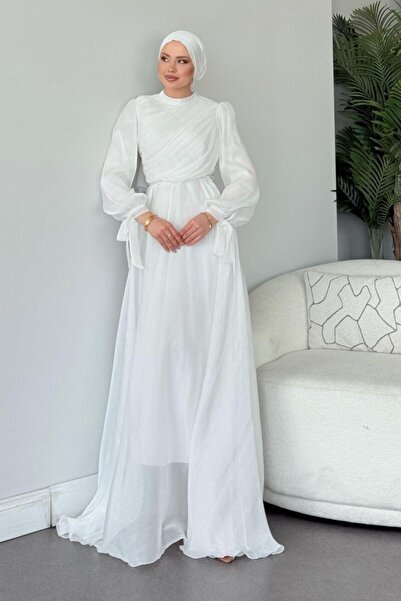 Şulemoda Giyim Βραδινό φόρεμα με πλισέ σε λευκό χρώμα