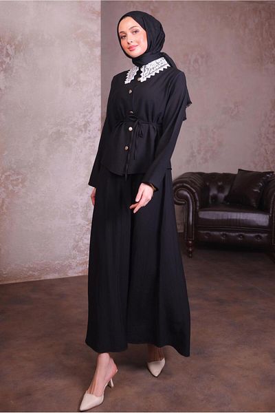 TRENDTESETTÜR Women's Black Lace Detail Skirt Suit t 7984