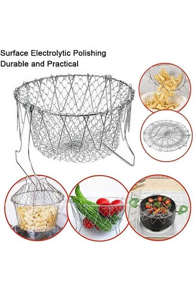Generic Joyzzz Fry Basket Strainer, Stainless Steel Foldable and Extendable, Multi Purpose Kitchen Tool for