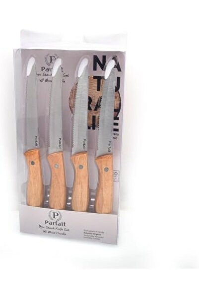 Generic طقم سكاكين بارفيه ستيك مكون من 4 قطع بمقبض خشبي، فضي وبني، N-A555EA1003