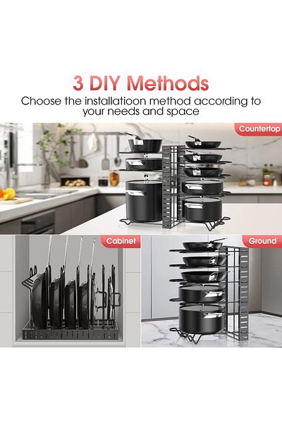 Generic Pot Rack Organizers, 8 Tiers Pots and Pans Organizer Rack for Cabinet, Adjustable Pot Lid Holders P