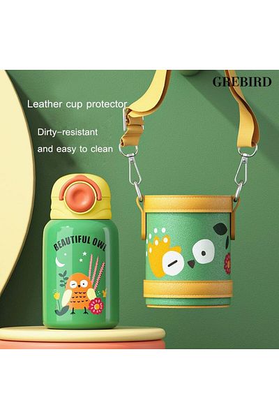 Generic GREBIRD Insulated Water Bottle for Kids, Cartoon Leakproof Straw Water Bottle, 15oz Stainless Steel