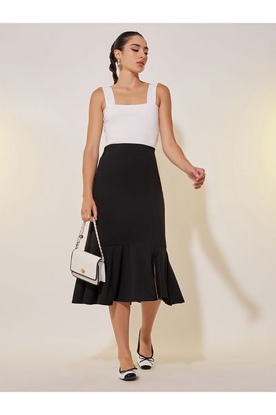 Styli Solid A-Line Midi Skirt