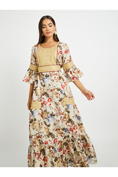 Maxim Creation By Styli Floral Print 3/4 Sleeves Jalabiya with Embroidered Detail