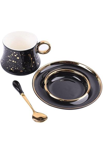 Generic Home Concept 3-Piece Fine Bone Ceramic Cup And Saucer Set With Spoon (Black/Gold)