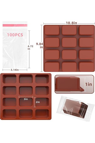 Generic Lonimia 12 Cavities Chocolate Bar Mold Deep with 100Pcs Bags, Silicone Thick Chocolate Bar Mold for