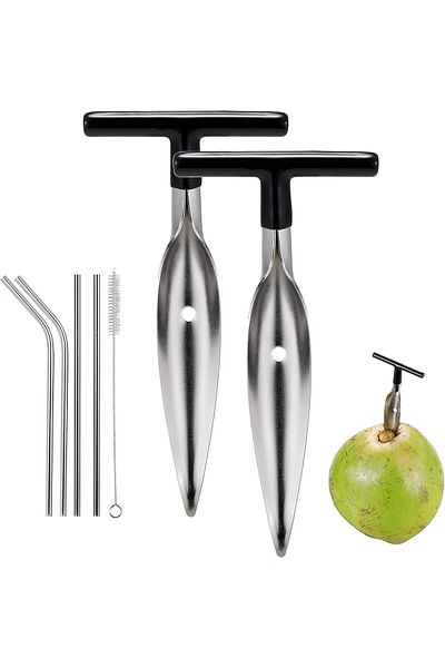 Generic 2 PCS Coconut Opener Tool Set with 4 Reusable Straws & Brush, Food Grade Stainless Steel Coco Nut B