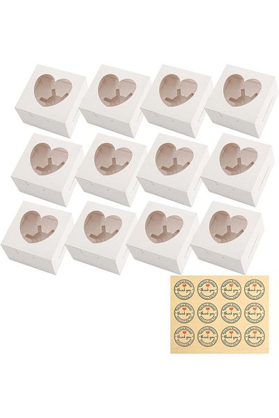Generic Duomama 12 Pcs White Cupcake Boxes with Windows & Stickers - Bakery Pastry Boxes for Cupcakes, Dess