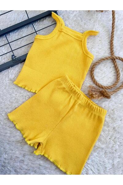 BAHNUR Sarı Bebek Çocuk Fitilli Ribana Crop Takım Alt-üst Yazlık Şort Takım