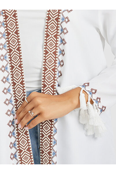 Styli Embroidered Midi Length Kimono with Tassel Trim