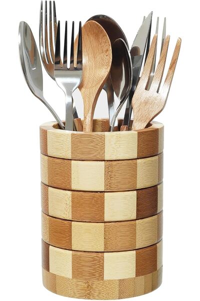 AZONEE Bamboo Utensil Holder, Cutlery Organizer, Kitchen Countertop Silverwar...