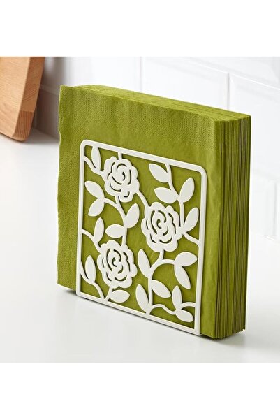 Generic حامل مناديل من ايكيا بتصميم زهور أبيض، مصنوع من الفولاذ