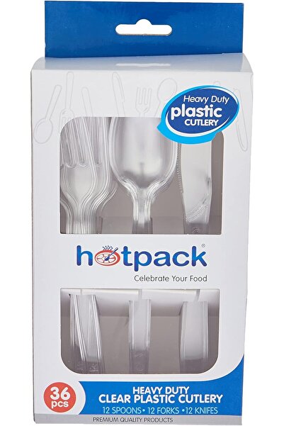 Hotpack Disposable Plastic Clear Heavy Duty Cutlery 12 Spoon + 12 Fork + 12 Knife, 36 Pieces 1 Set